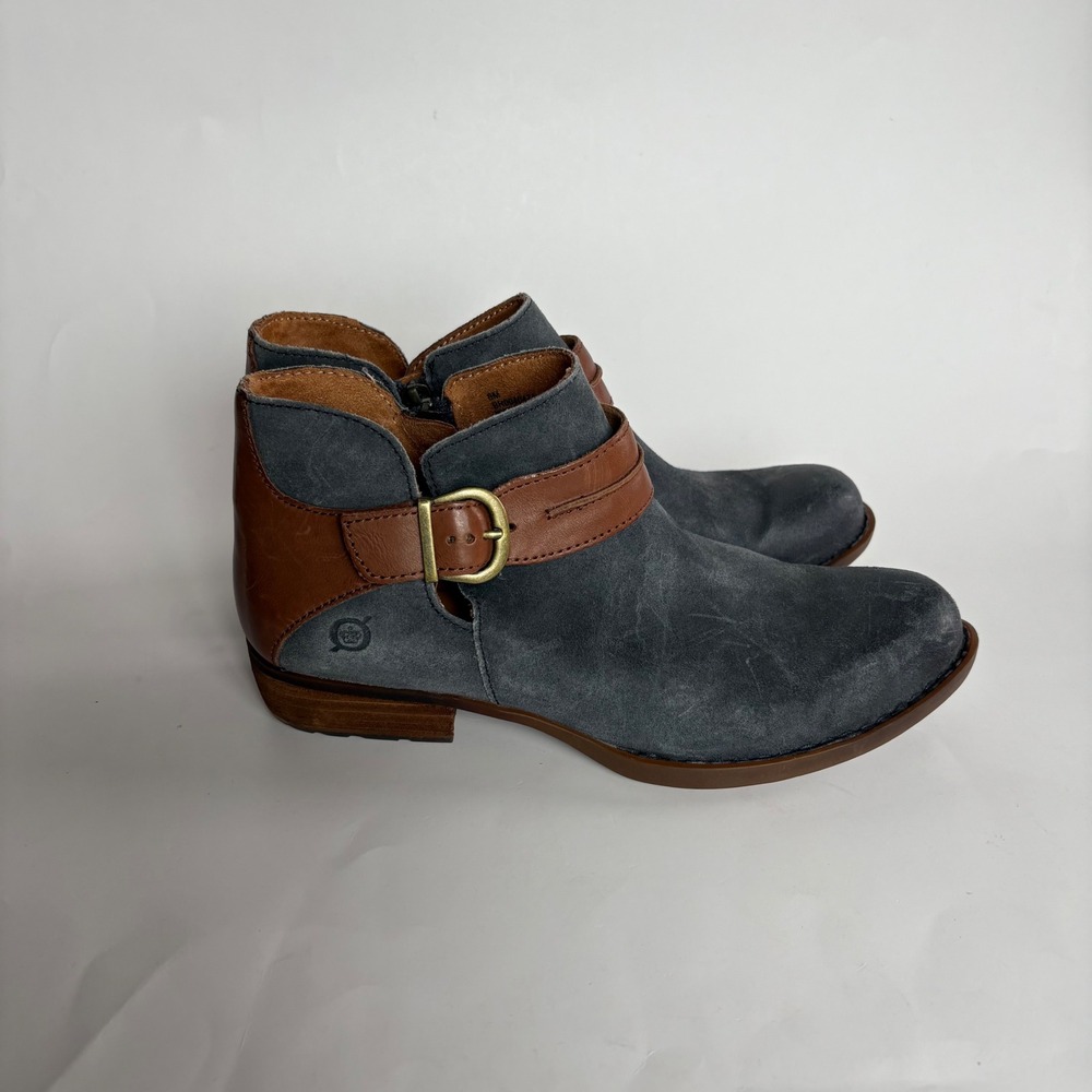 Born Kati Ankle Boots Womens 8 Blue Grey Suede Brown Leather Buckle Booties - Picture 5 of 12